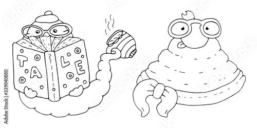 Set of bookworms with glasses. Love of reading books. Coloring page. Vector hand drawn illustrations. Black and white isolated on white background. Book day art. Doodle cute fairy tale characters.