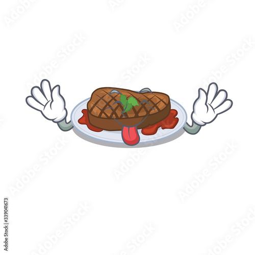 An amusing face grilled steak cartoon design with tongue out