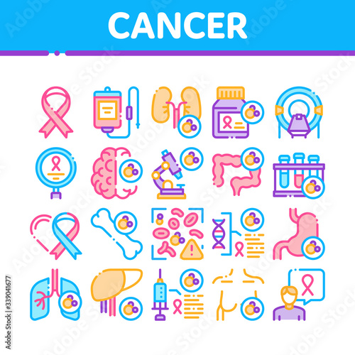 Cancer Human Disease Collection Icons Set Vector. Stomach And Intestines, Brain And Kidneys, Liver And Lungs Cancer, Research And Treatment Concept Linear Pictograms. Color Illustrations