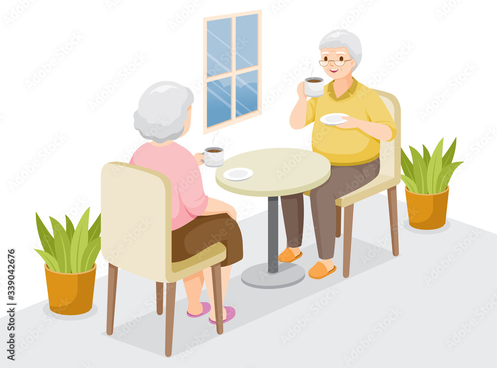 Two Elderly Sitting, Drinking Coffee Together, Stay Home, Stay Safe, Self Isolation, Protection Themselves From Coronavirus Disease, Clvid-19