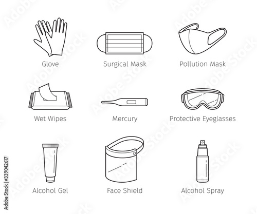 Set Of Protective Equipments For Coronavirus, Covid-19, Objects, Outline Icons, Protection Oneself From Disease