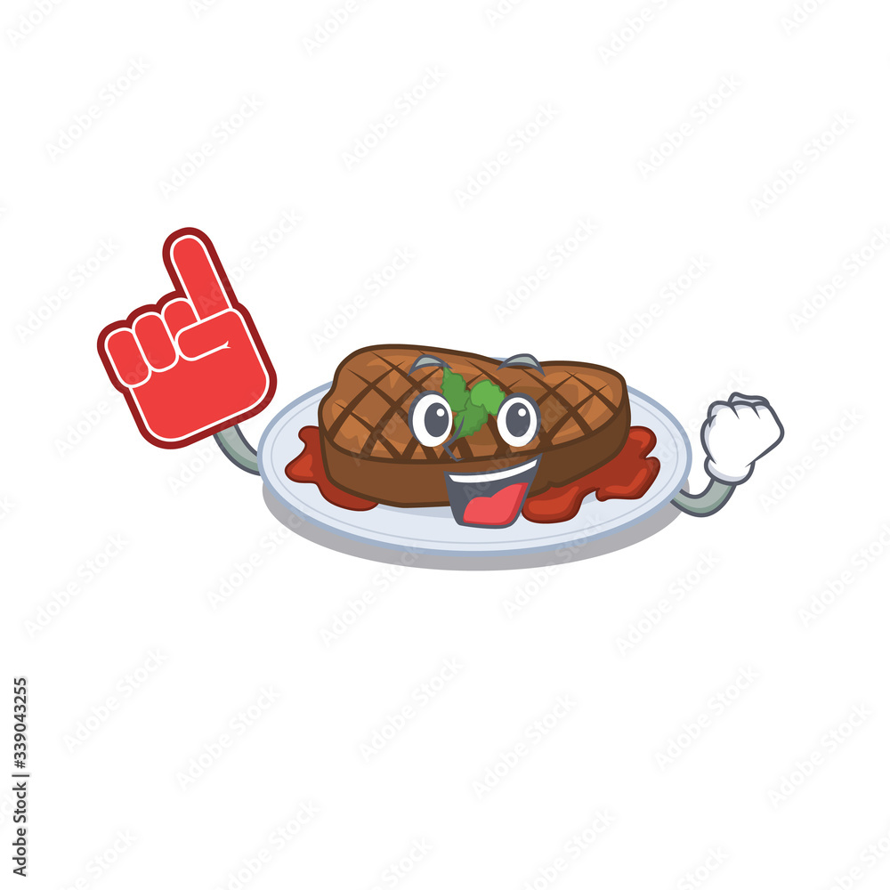 Fototapeta premium Grilled steak presented in cartoon character design with Foam finger
