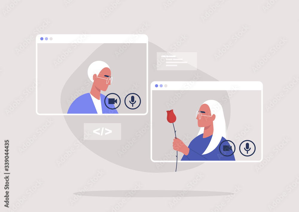 Online dating platform, modern romance: two cisgender characters chatting via video call, millennial relationships Online dating platform, modern romance: two cisgender characters chatting via video call, millennial relationships
