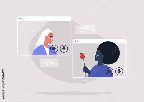 Online dating platform, modern  romance: two lesbian characters chatting via video call, millennial relationships