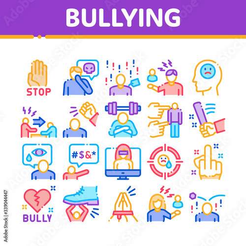 Bullying Aggression Collection Icons Set Vector. Internet Bullying And Name-calling, Beating And Showing Indecent Gesture Concept Linear Pictograms. Color Illustrations
