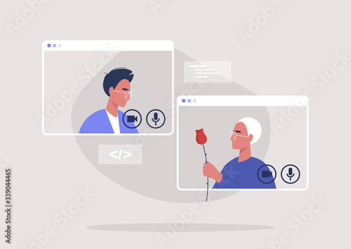 Online dating platform, modern  romance: two gay characters chatting via video call, millennial relationships