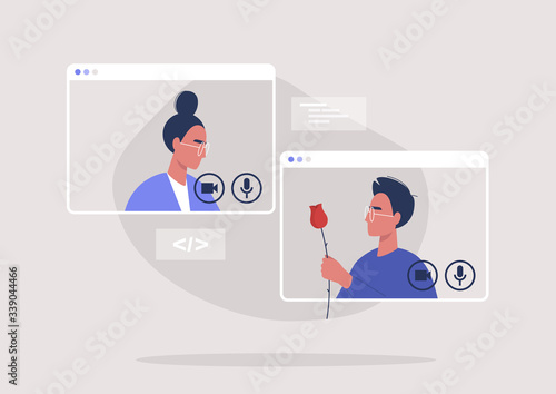 Online dating platform, modern  romance: two cisgender characters chatting via video call, millennial relationships