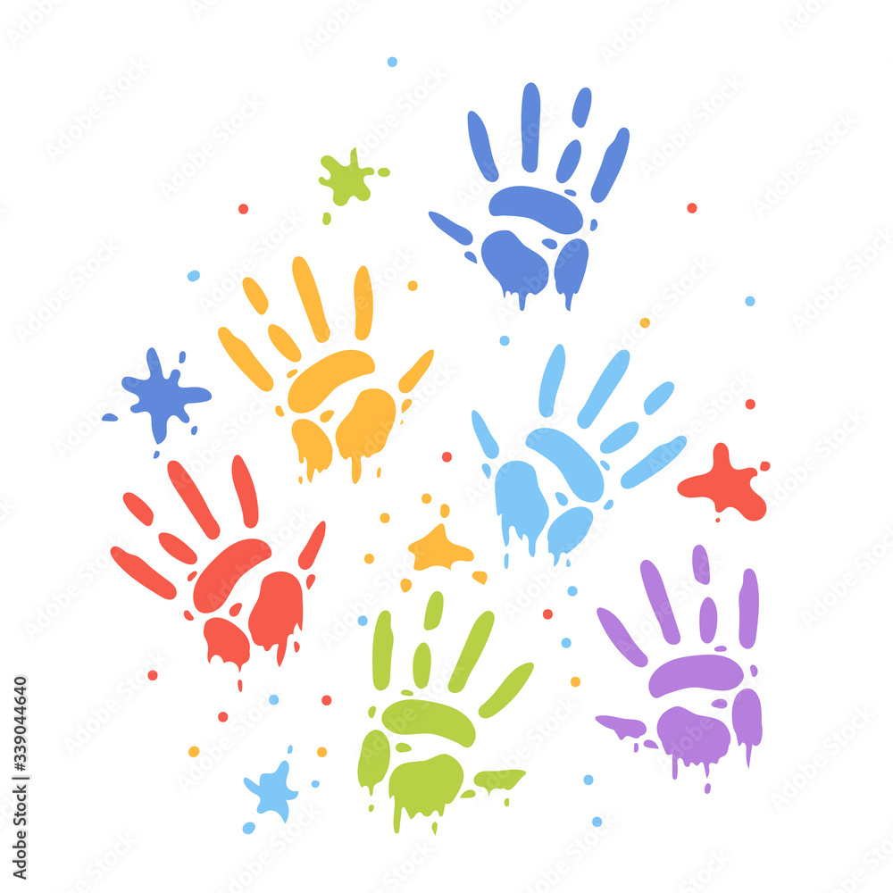 Color prints of children's palms in the paint. Children's hands on the wall Color prints of children's palms in the paint. Children's hands on the wall