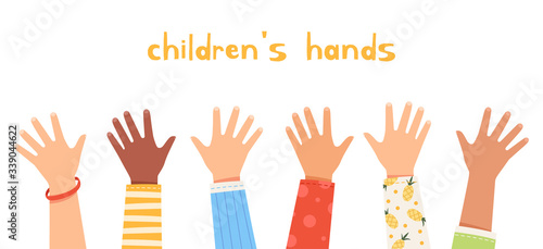 Set children s hands raised up. Children of different nationalities wave their hands. Friendship and happy childhood concept