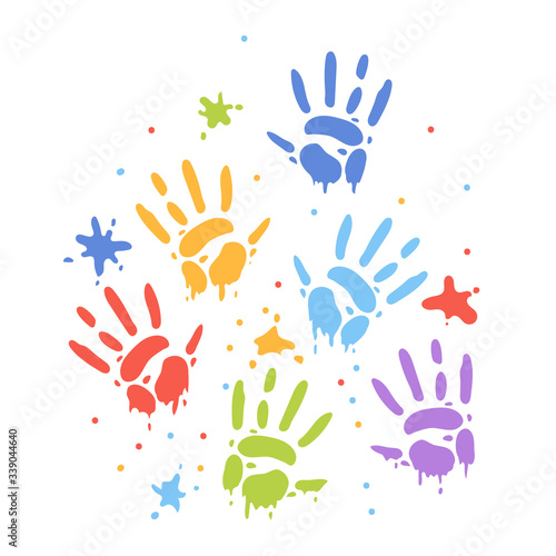 Color prints of children's palms in the paint. Children's hands on the wall © Oqvector