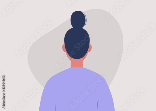 Young female character portrait, back view, millennial lifestyle, flat vector graphics