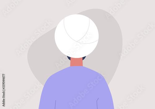 Young indian male character portrait, back view, millennial lifestyle, flat vector graphics