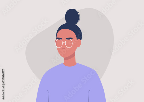 Young female character portrait, 3/4 front view, millennial lifestyle, flat vector graphics