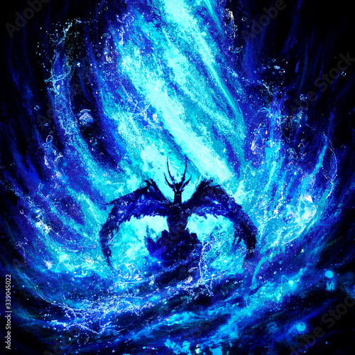 Water dragon surrounded by a whirlwind of water ascending the top behind him, splashes of light glowing with magic light everywhere, symmetrical composition,. 2d illustration.