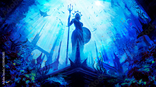A statue of the Greek goddess with a shield and a trident, stands in an underwater city surrounded by fish and corals, against the background of the water kingdom is painted in a dynamic perspective .