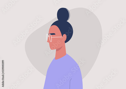 Young female character portrait, profile view, millennial lifestyle, flat vector graphics