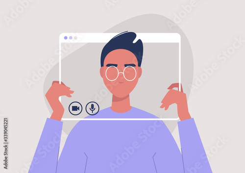 Social distancing communication, young male character holding a video call frame, technology