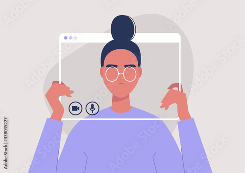 Social distancing communication, young female character holding a video call frame, technology