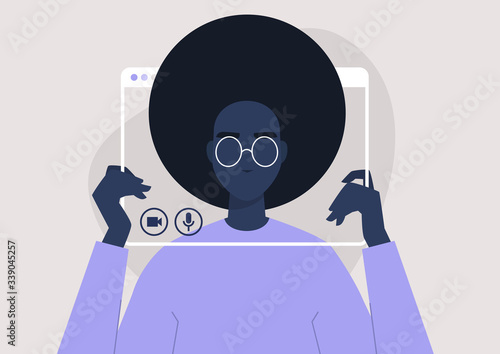 Social distancing communication, young black female character holding a video call frame, technology