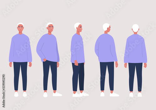 Young male character poses collection: front, side and back views