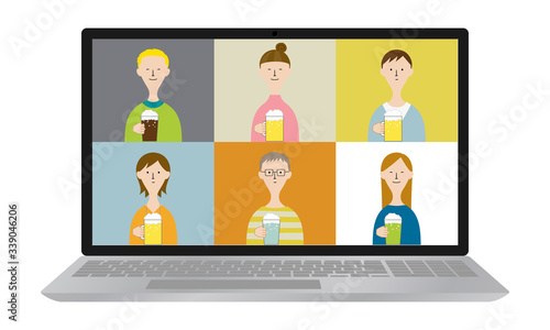 Illustration of people having an online drinking party with a laptop.