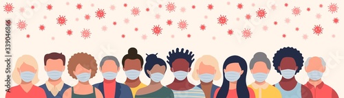 Group of people in protective masks and flying coronavirus in flat style. Men and women wearing medical masks to prevent disease, flu, quarantine concept.
