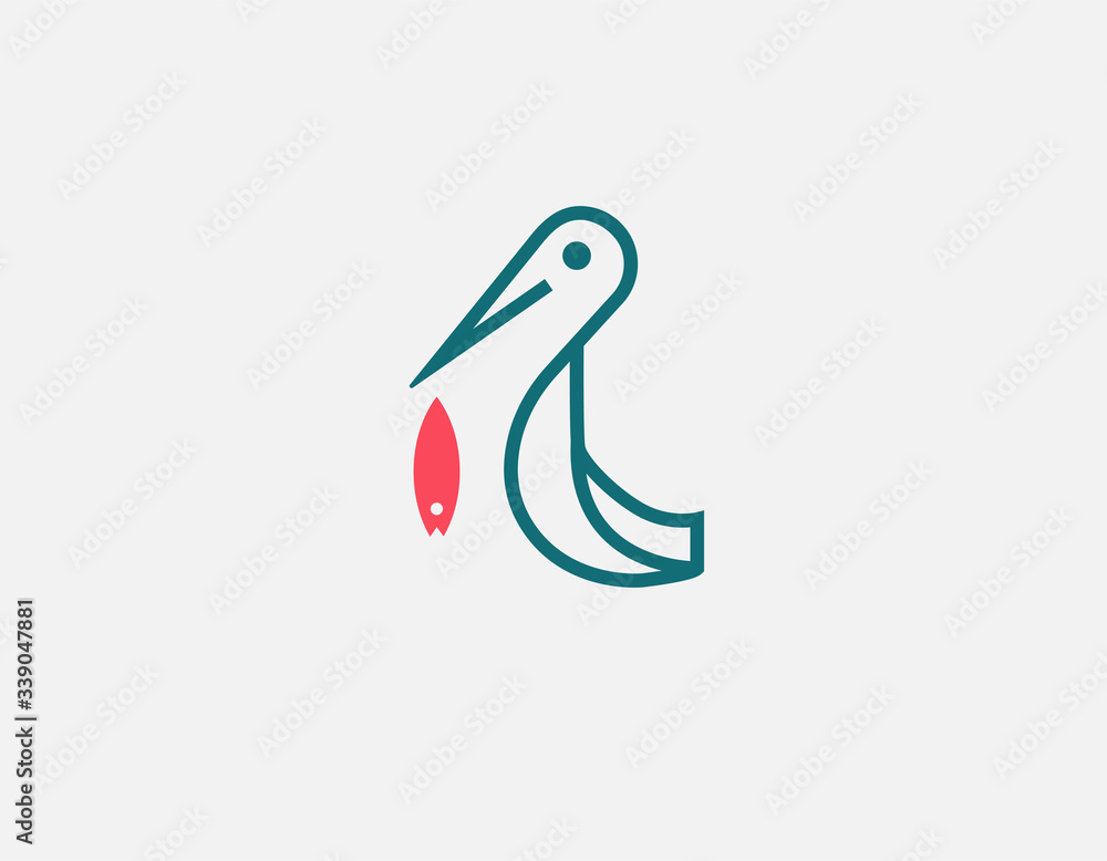 Fototapeta premium Abstract creative linear geometric logo heron with beak fish for your company