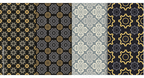 Vintage backgrounds, patterns. 4 background patterns in retro style. Seamless vector backgrounds. Set of patterns. Colors in the image: black, gold, silver, gray. Vector graphics.