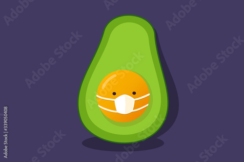Funny cute avocado in a protective antiviral medical mask. Vector flat cartoon character kawaii illustration icon.