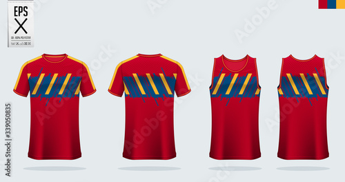 T-shirt mockup, sport shirt template design for soccer jersey, football kit. Tank top for basketball jersey and running singlet. Sport uniform in front view and back view. Mock up Vector Illustration