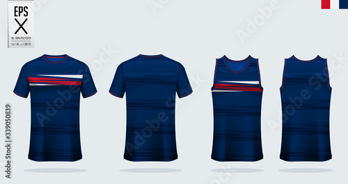 T-shirt mockup, sport shirt template design for soccer jersey, football kit. Tank top for basketball jersey and running singlet. Sport uniform in front view and back view.  Mock up Vector Illustration