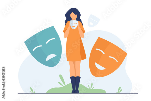 Person covering emotions, searching identity. Woman trying on carnival masks with happy or sad expressions. Vector illustration for psychology, mood changes, personality concept