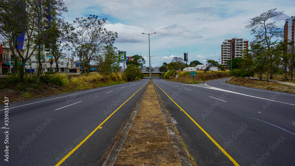 Impressive view of the empty streets of San Jose, near the Sabana, and the center due to quarantine for corona virus in Costa Rica