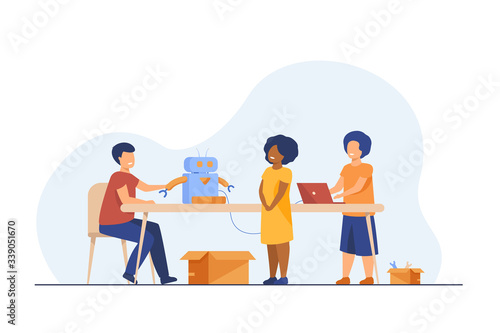 Children presenting cyborg at robotics class. Children showing robot to teacher. Vector illustration for education, robotic technology, school project concept