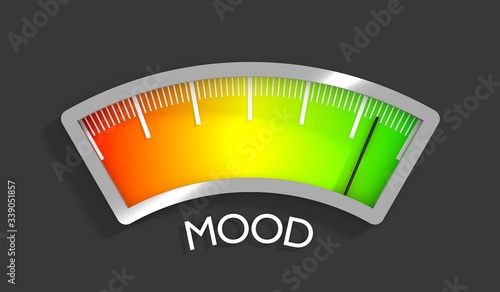 Good mood meter measure happiness or satisfaction level. Color scale with arrow. The measuring device icon. Colorful infographic gauge element. 3D rendering