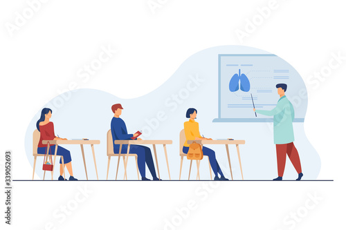 Medical professor presenting organ infographics to audience. College students listening to lecture in classroom. Vector illustration for school, class, lesson, studying, education concept