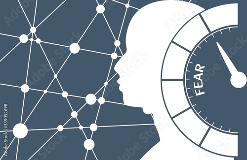 Fear level conceptual meter indicating maximum. Scale with arrow. Sign tachometer, speedometer, indicators. Infographic gauge element. Head of man. Connected lines with dots