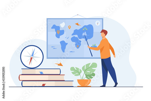 Geography teacher in class. Speaker presenting world map, using pointer near stack of books and compass. Vector illustration for education, school, travel, planet concept