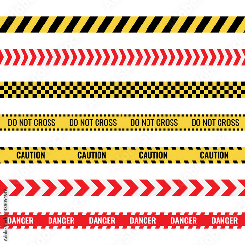 caution tape sign set, danger police lines, ribbons with warning text © extracoin