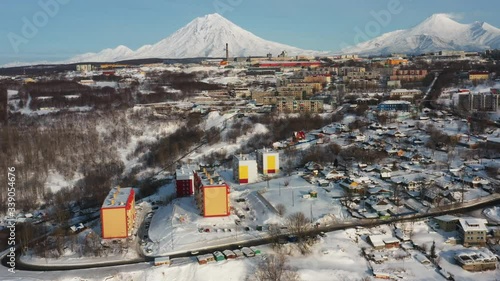Kamchatka's home volcanoes tower over the city of Petropavlovsk-Kamchatsky. Taken in winter from a quadrocopter