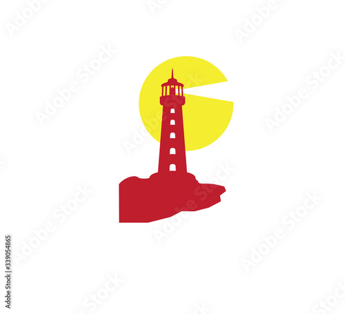 lighthouse in the edge of beach shine its light far way to the sea for poster and vector design illustration