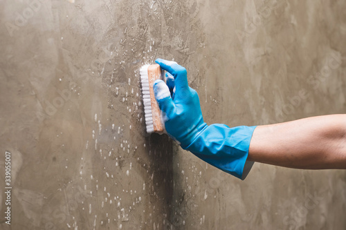 Closeup hand wearing blue rubber gloves is used to convert scrub cleaning on the concrete wall.