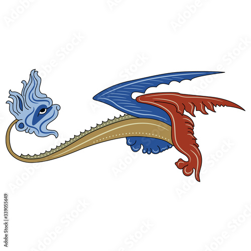 Isolated vector illustration. Fantastic medieval winged dragon. Gothic illuminated manuscript decor.