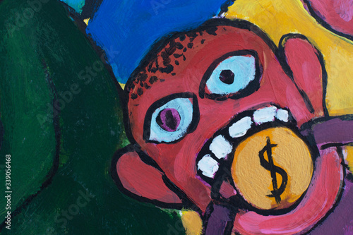 Illustration of Economic crisis with image devourer money. Abstract graffiti background for capitalism concept. Greedy businessman with bunch of money. Commercial, financial, marketing metaphor.