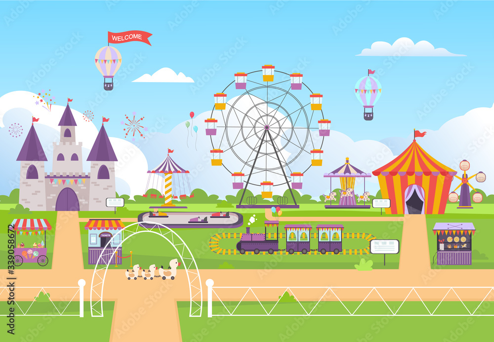 amusement park. funny outdoor entertainment attractions for kids festival city roller coaster circus tent sky balloons carousel trains vector background