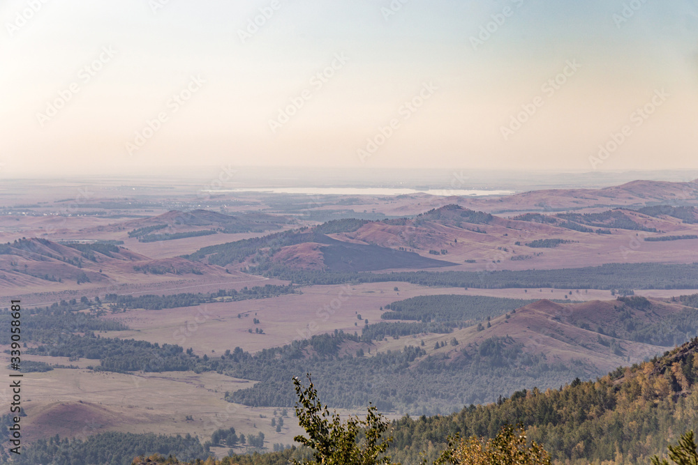 Fototapeta premium South Ural mountains in the vicinity of Bannoe lake. Metallurgist-magnitogorsk ski resort, republic Bashkortostan, Russia