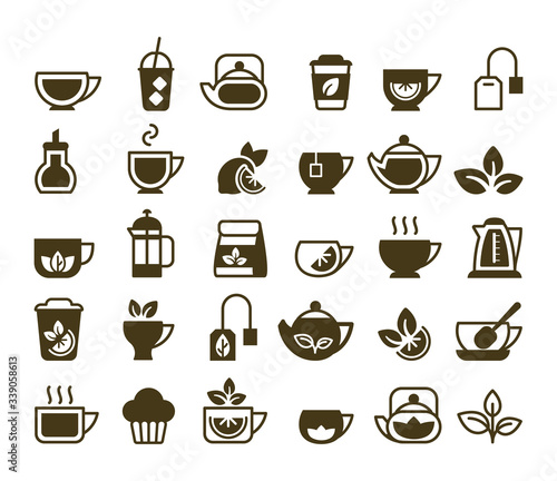 tea icons. hot and cold drinks symbols cup of green leaves for black tea coffee cupcakes kettle. Vector black pictures