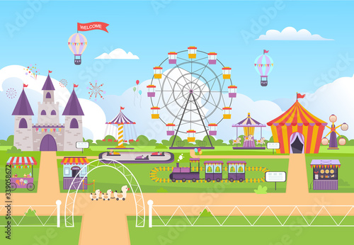 Fototapeta Naklejka Na Ścianę i Meble -  amusement park. funny outdoor entertainment attractions for kids festival city roller coaster circus tent sky balloons carousel trains vector background