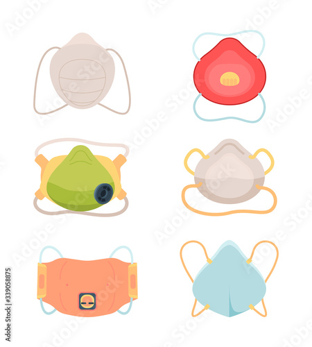 respirator mask. face pollution protection from breath nCOV viruses dust allergy and smog masked face for safe communication. Vector medical items