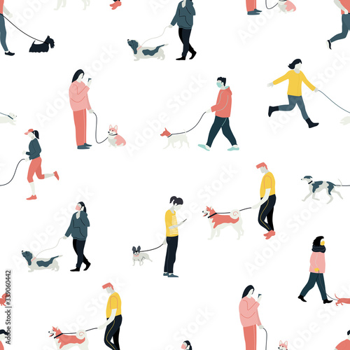 People walking with dogs Flat vector illustration Seamless pattern